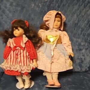 Brinn's 1998 Porcelain Girl Dolls Lot of 2 Curly Brown Hair Brown Eyes